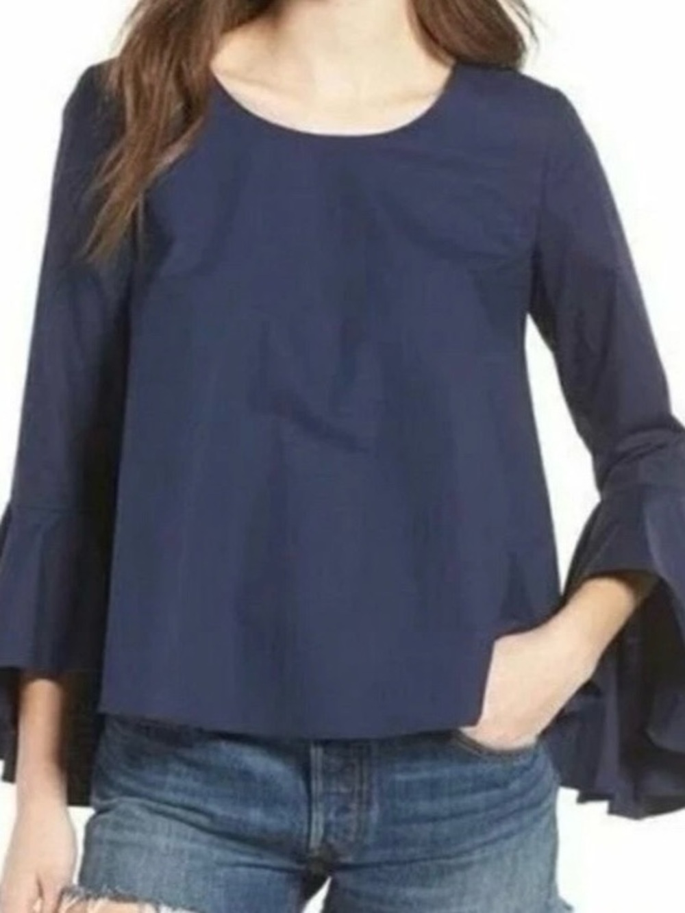 ANN MASHBURN Navy Bell-Sleeve Blouse